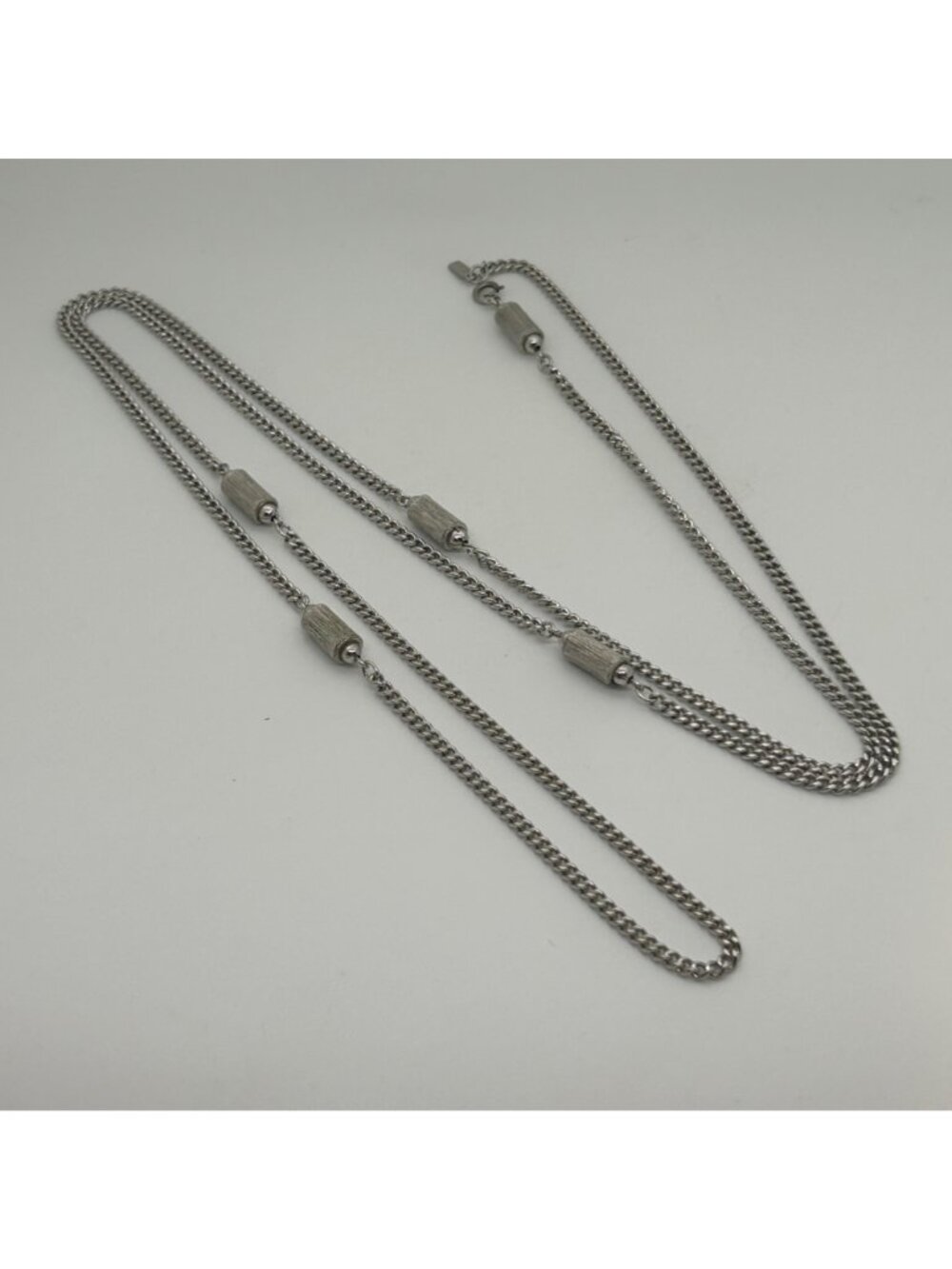 Monet Silver Tone Station Necklace Long Curb Chain Textured Barrel Beads Vintage